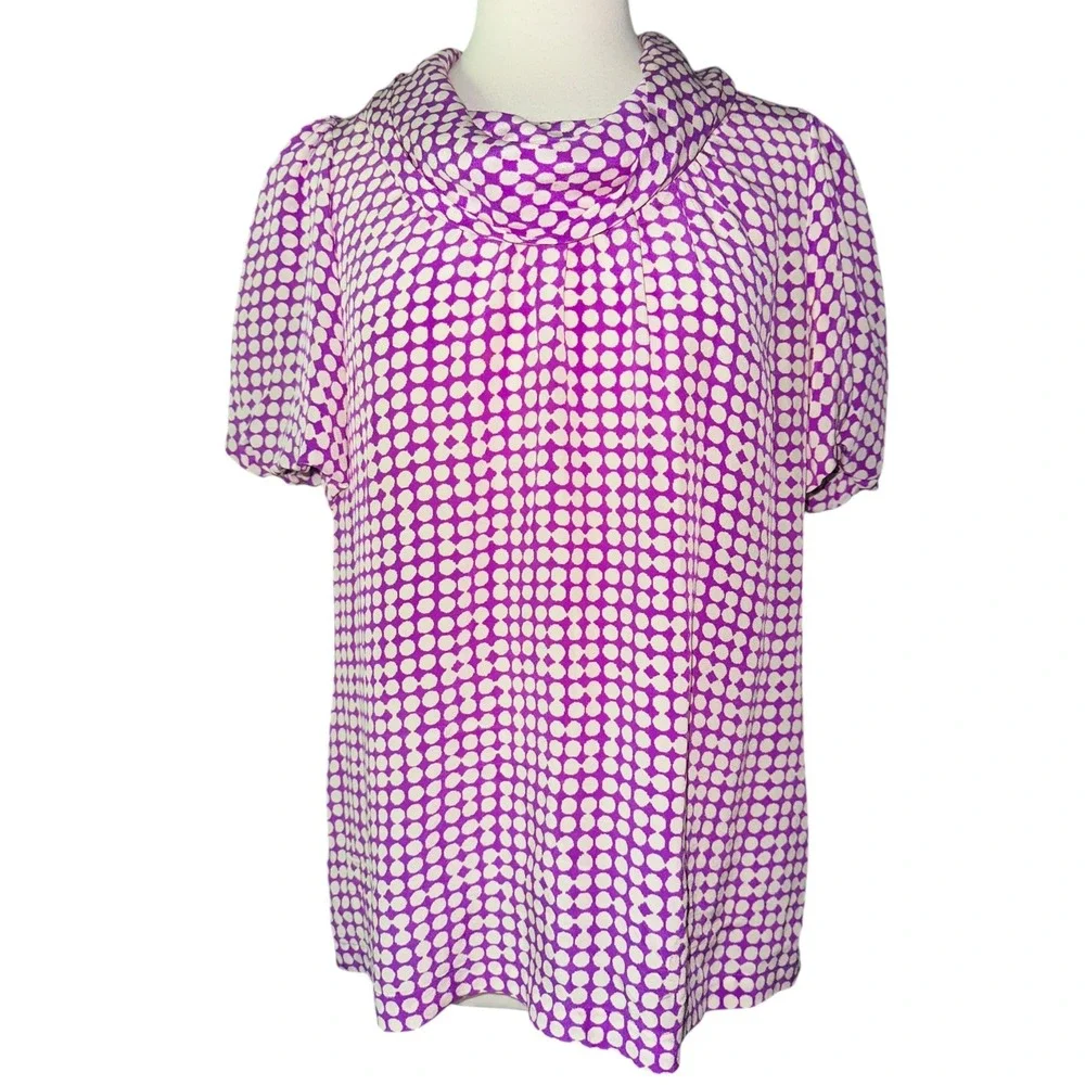 WB10‎ Banana Republic Polka Dot  Blouse Silk Top Women's Tall L Purple White